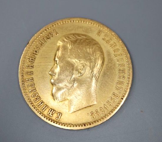 A Russian 1900 10 rouble gold coin,